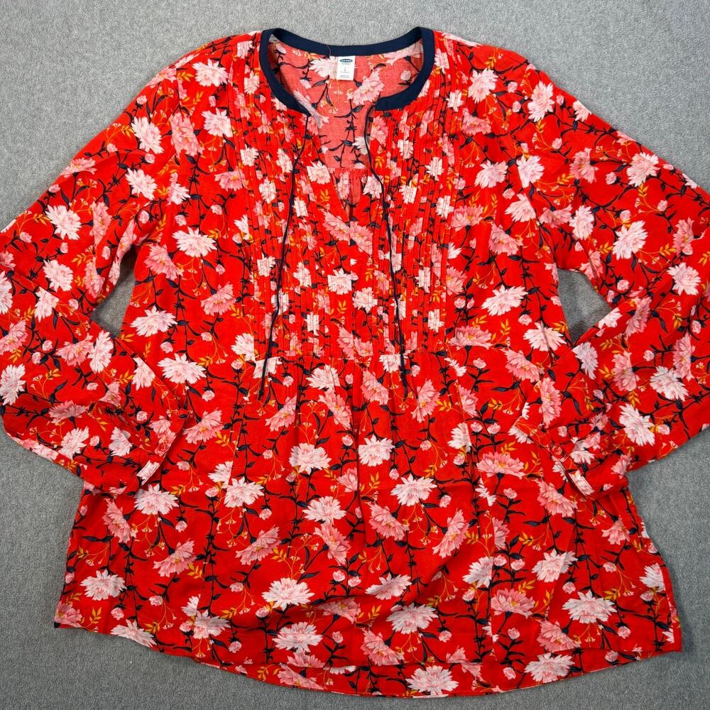 Old Navy Women's LG Tall Red Floral Pintuck Split Neck Blouse Top Long Sleeve